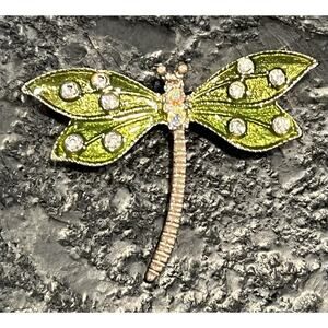 Enameled Green Wing Dragonfly with Rhinestones Accents Brooch Pin Silver Tone